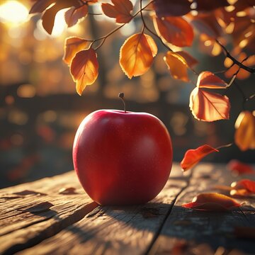 A single red apple placed on a rustic wooden tableA single red apple placed on a rustic wooden table