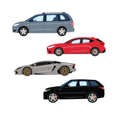 Modern cars illustrated in side view with vibrant colors