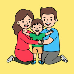 A heartwarming illustration of parents lovingly hugging their son. This vector art captures a tender family moment, perfect for children's books