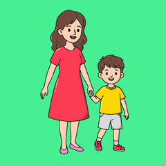 An charming illustration of a mother and son walking hand-in-hand, depicting a joyful outdoor moment