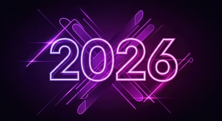 Neon 2026 new year design with abstract lines and purple background