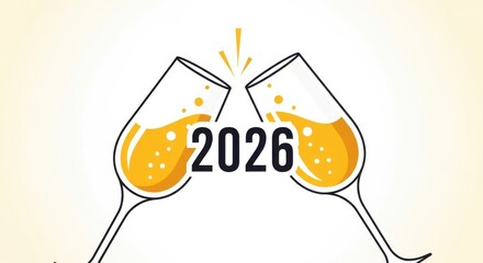 Two champagne glasses toasting to the new year 2026 isolated on white background