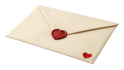 A vintagestyle envelope sealed with a red wax heart and a small red heart sticker on the flap, isolated on transparent background