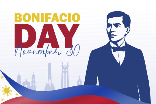 Bonifacio Day poster with Philippine landmarks silhouette and elegant typography for November 30 commemoration.