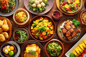 Fototapeta premium Assortment of colorful and appetizing dishes arranged on a table world food day