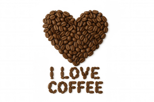 Coffee beans forming a heart shape and i love coffee text, expressing passion for caffeine, transparent background