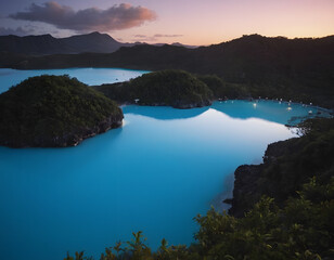 Beautiful blue lagoon in the evening. Generated by artificial intelligence.