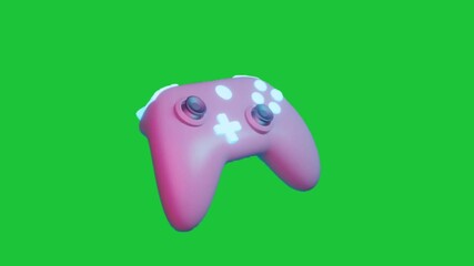 3D animation of a pink gaming controller with white accents rotating on a green screen. Fun, gaming, entertainment, technology