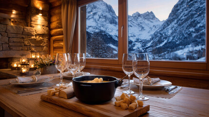 Cozy Swiss Alpine Lodge Dining Setup Featuring Cheese Fondue and Scenic Mountain Views
