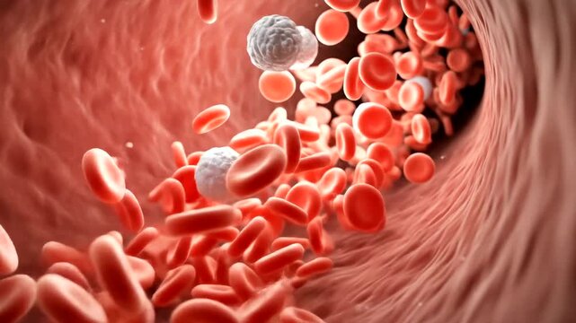 Red and white blood cells flowing through a vascular vessel.