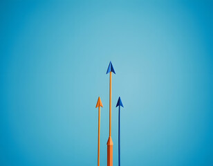 Blue background with a series of arrows pointing upwards. The arrows are spaced out and appear to be connected, A concept of growth and progress.