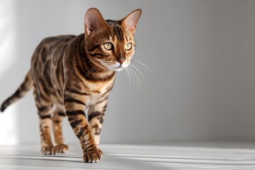 Bengal cat portrait in a studio with a white background and soft lighting, showcasing its beautiful coat.