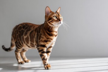 Obraz premium A beautiful Bengal cat stands gracefully against a plain background, showcasing its unique markings and elegant posture.