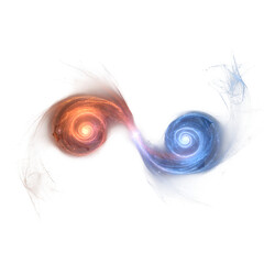 Cosmic fire and ice spirals representing duality. Abstract glowing fractal galaxies, a yin yang concept isolated on black for design.