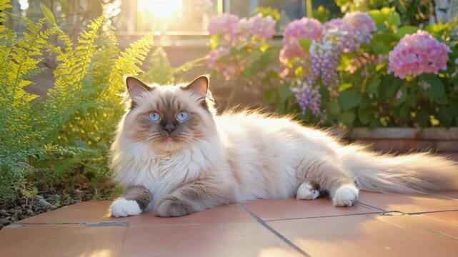 Ragdoll cat resting on a patio with flowers and ferns in the bright sunlight outdoors on a summer day cat video
