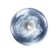 Abstract fractal flower glowing inside a glass orb. Magical crystal sphere isolated on black background for design.