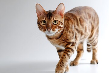 Obraz premium A Bengal cat with a beautiful coat is walking on a white surface, looking at the camera.