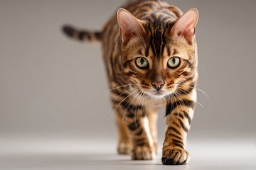 Obraz premium A Bengal cat strides forward with confidence, showcasing its beautiful markings and captivating gaze in a studio setting