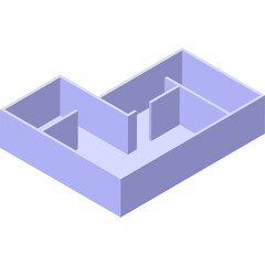 Isometric architectural floor plan representation of a simple residential building layout with interior walls and doorways shown in a light blue monochromatic color scheme against a plain background