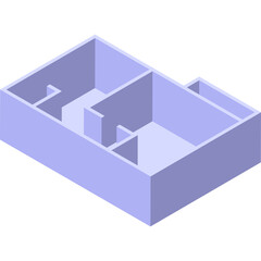 Isometric architectural blueprint of an empty house floor plan with blue walls and a transparent background in a minimalist design style