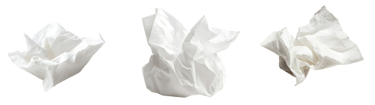 Crumpled White Paper Tissue Balls on a Transparent Background