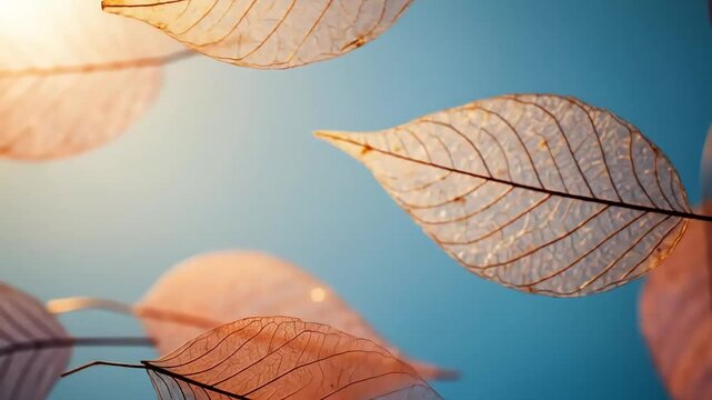 Macro Pan of Transparent Autumn Leaves Against Soft Blue Gradient