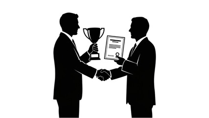 Handshake Award Silhouette – High-Quality Black Vector of Two People Shaking Hands and Exchanging Awards Representing Teamwork, Success, and Appreciation