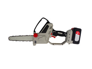 Electric chain saw with battery. Mini chain saw saves time and effort. Highly efficient cutting with cordless saw