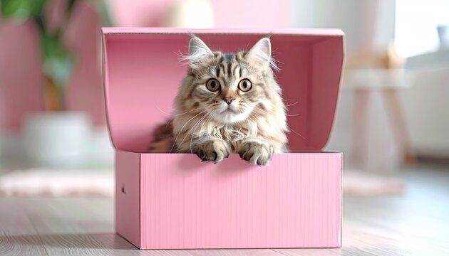 Fluffy tabby cat peeking out of a pink cardboard box in a pastel colored room with soft natural light