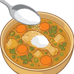Add sugar to chicken soup,  hidden sugar addiction, illustration on white background