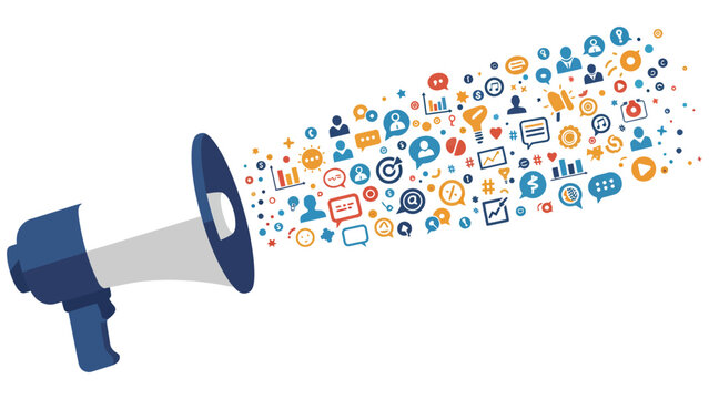 A flat vector shaped like a megaphone, blasting out colorful geometric confetti made of tiny social icons, charts, and hashtags, on pure white background , symbolizes viral marketing, brand pro