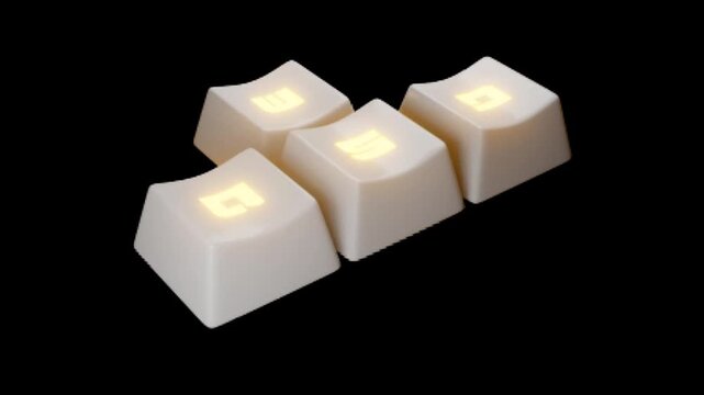 Four white keyboard keycaps with blue glowing symbols are arranged on a black background