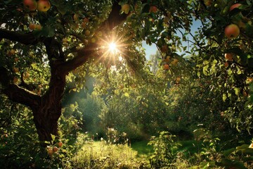 Sunlight filtering through apple trees in a serene garden at golden hour showcases nature's beauty and abundance in a tranquil setting