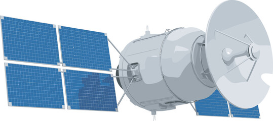 Detailed satellite illustration in space with solar panels, parabolic antenna, realistic design, communication technology, scientific research, navigation system, orbital equipment