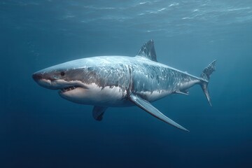 Fototapeta premium Majestic white shark gliding effortlessly through the deep blue ocean waters showcasing its powerful form and predatory grace as it navigates beneath the surface at midday