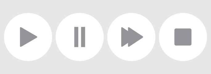 Play icon set in different styles, video play button signs isolated - vector illustration. EPS 10. Play, Stop, Next and Pause mode.