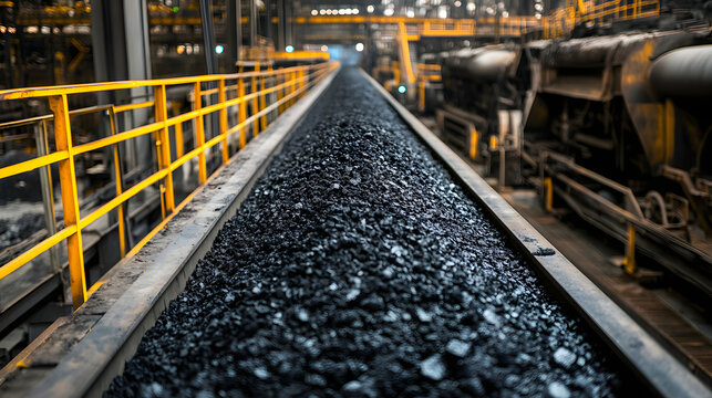 A long conveyor belt full of coal in an industrial environment with yellow safety lines and steel beams. Illustration of a mining background.