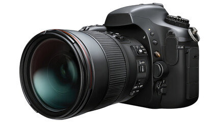 Fototapeta premium A digital illustration of a black DSLR camera featuring large detailed lens and realistic photography equipment on white background 