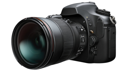 A digital illustration of a black DSLR camera featuring large detailed lens and realistic photography equipment on white background
