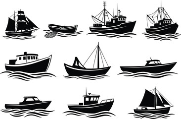Black and white vector illustration of diverse boat types on stylized waves for nautical design, maritime education, travel, and fishing themes