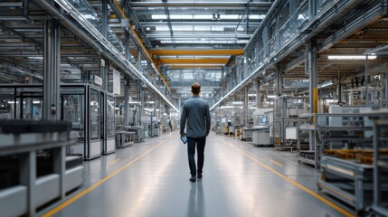 Chief technical officer walking through modern metal components factory production line using tablet to monitor smart manufacturing workflow with cinematic lighting for industrial management concept