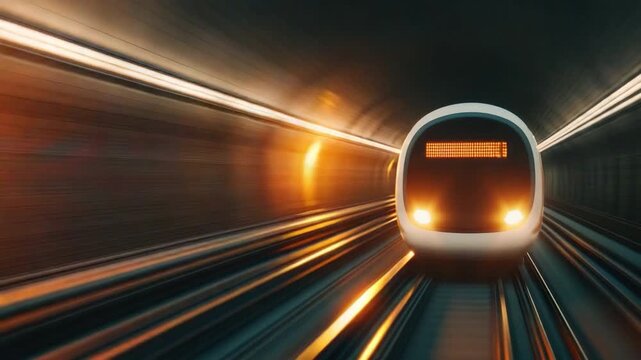 Futuristic Subway Train Speeds Through Dark Tunnel with Dynamic Lighting Elements and Modern Design Features 4k video footage
