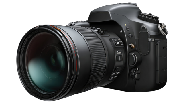 A digital illustration of a black DSLR camera featuring large detailed lens and realistic photography equipment on white background
