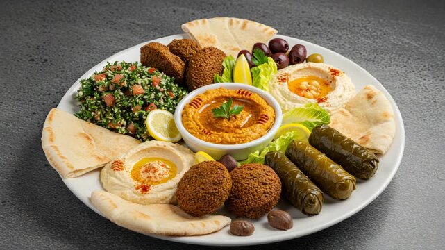 Mediterranean Food Platter with Hummus, Falafel, and Grape Leaves