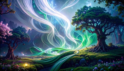fantasy landscape with trees and flowers