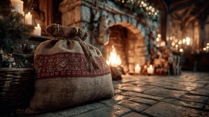 Fototapeta premium Cozy Christmas scene with a gift bag, fireplace, candles, and warm atmosphere