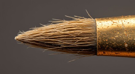 Close Up of Fine Paintbrush with Gold Handle and Bristles on Dark Background