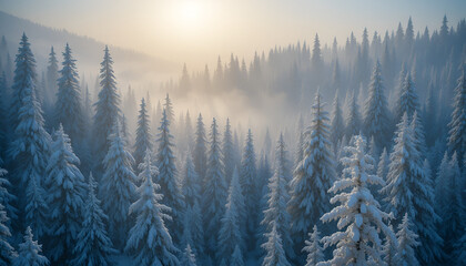 Fototapeta premium Snowy Pine Forest in Winter Fog