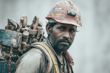 Obraz premium Indian worker in uniform carrying tools at a construction site during the day focusing on safety and hard work in a realistic setting