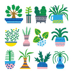 Hand Drawn Potted Plant Vector Set, Colorful Indoor Houseplant Illustration Collection